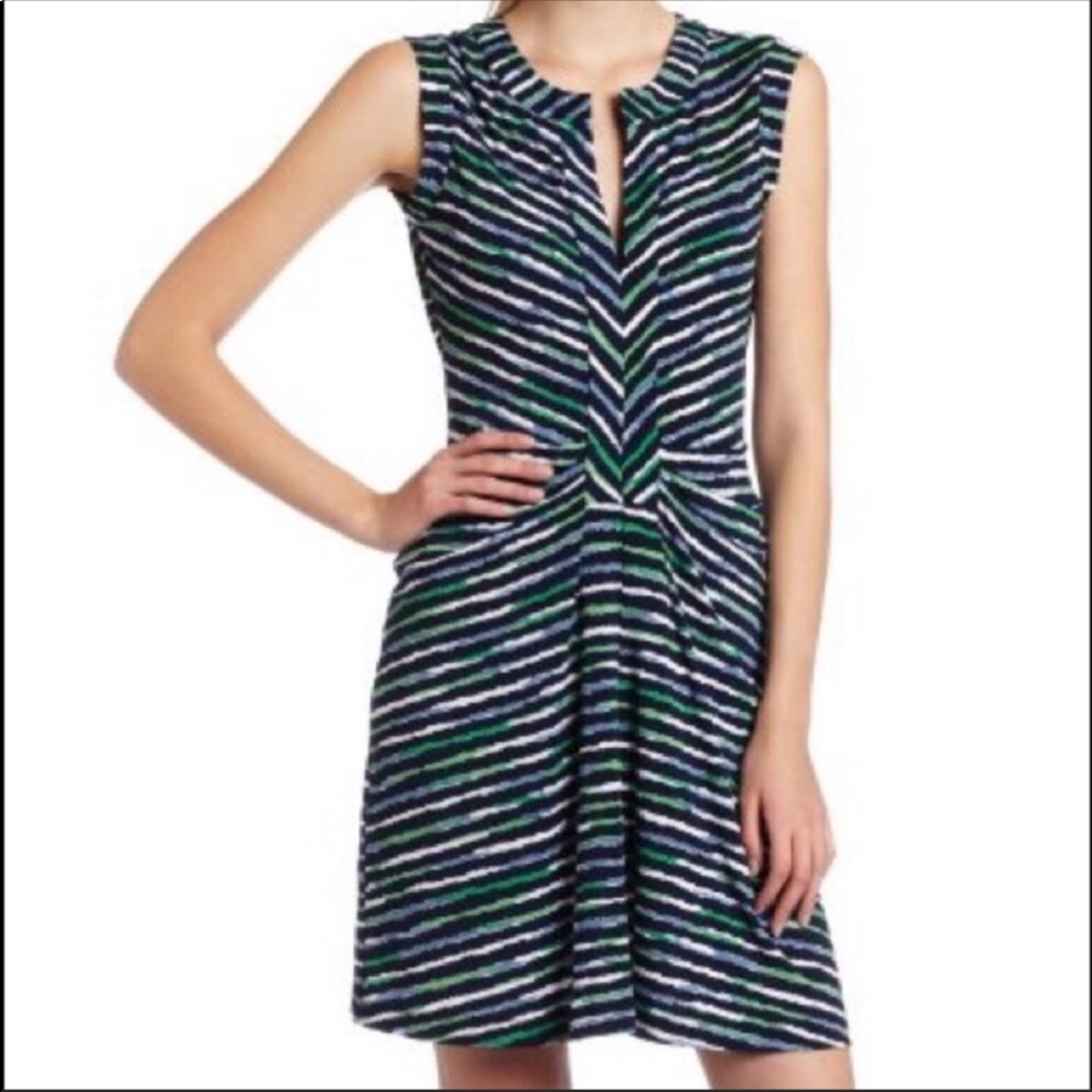 BCBGMaxAzria Navy/Green Lou Lou Yoke Shirred Dress